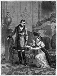 Die Gnade des Kaisers Napoleon I. (1769-1821) gegenüber der Prinzessin von Hatzfeld, die um Vergebung für ihren wegen Verrats angeklagten Ehemann Prinz Hatzfeld bat, am 28. Oktober 1806 - die Gnade des Kaisers Napoleon I. (1769-1821) gegenüber der Prinzess