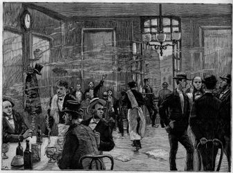 Die Kaffeejungen in einem Etablissement in der Rue Montmartre in Paris. In „Le Monde Illustré“ 1886.