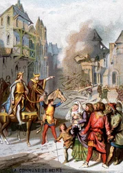 Die Kommune von Reims (1160) - Vergeltungsmaßnahmen von Ludwig VII., um die kommunalen Freiheiten der Bürger von Reims zu zerstören. Chromolithographie der Serie Patriotische Erziehung durch Bild
