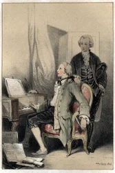 Der Komponist Wolfgang Amadeus Mozart (1756-1791) komponiert das Requiem. Platte aus „Scenes de la vie des hommes famous“ Gravur in zwei Farben von Valerio. 1843