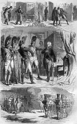 Die Verschwörung von Claude François de Malet (Claude-François Malet) (1754-1812), General des Kaiserreichs, Autor des Staatsstreichs von 1812 gegen Napoleon während des russischen Rückzugs. Gravur in „Geschichte der Päpste-Könige-Königinnen und Kaiser dur