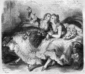 Die Töchter des „Harems“ des Königs von Frankreich Ludwig XV. genannt der Vielgeliebte (1710-1774). Gravur in „Histoire des Papes-Rois-Queen und Empereurs à travers les siècles“ von Maurice Lachatre
