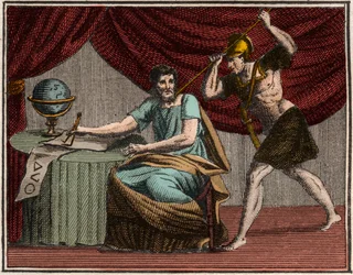 Der Tod des Archimedes während der Eroberung von Syrakus, Sizilien, durch römische Soldaten im Jahr 212 v. Chr.