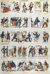 Die verschiedenen Phasen eines Feuers im 19. Jahrhundert. Bild von Epinal aus dem 19. Jahrhundert