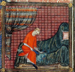 Der Traum, Detail: Der Liebhaber kleidet sich an. Miniatur im „Roman de la rose“ von Jean de Meun, Jean de Meung oder Jean Chopinel, Jean Clopinel (ca. 1240-1305), um 1370.