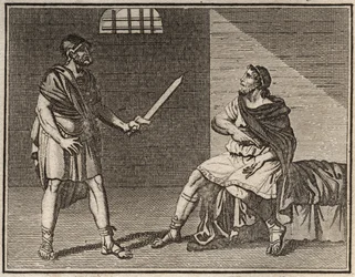 Der bedeutende General Marius, der vor Sulla flieht, wird in Minturnae gefangen genommen, aber niemand wagt es, ihn zu töten, nicht einmal ein ausländischer Sklave.