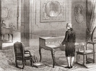 Die erste Demonstration des elektrischen Telegrafen im Jahr 1774, erfunden von Georges-Louis Le Sage, aus Les Merveilles de la Science, veröffentlicht um 1870 (Gravur)