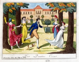 Das Spiel der vier Ecken. Gravur Anfang des 19. Jahrhunderts