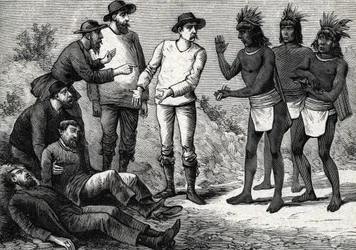 Die Bewohner von Peru helfen den kolonialen Europäern, die an Malaria leiden, mit Chinarinde (Gravur) 1888