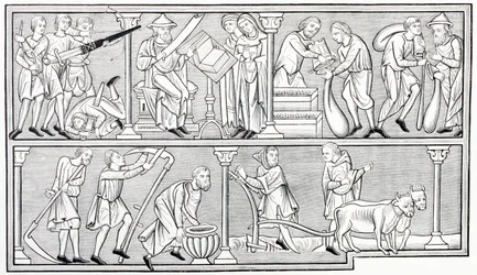 Die Arbeiten des Krieges, der Wissenschaft, des Handels und der Landwirtschaft, nach einer Miniatur in einem Psalter aus dem 13. Jahrhundert, aus Les Arts au Moyen Age, veröffentlicht 1873