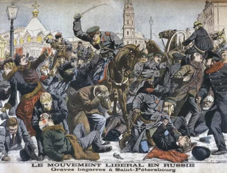 Die liberale Bewegung in Russland, heftige Auseinandersetzungen in St. Petersburg, Illustration aus Le Petit Journal: Supplement illustre, 25. Dezember 1904