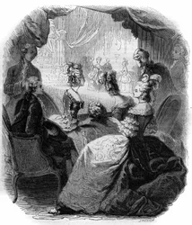 Die Loge der Dauphine Marie Antoinette (1755-1793) während der Aufführung von Christoph Willibald Glucks Oper „Iphigenie en Aulide“ (1714-1787) im Jahr 1774. Gravur von 1856