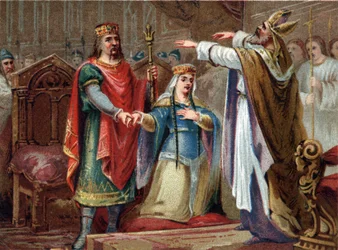 Die Hochzeit von Clovis (481-511) König der Franken mit Clothilde im Jahr 493. Chromolithographie aus dem späten 19. Jahrhundert.