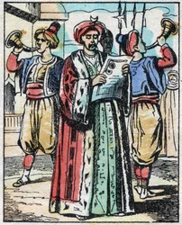 Die Hochzeit der Tochter des Sultans mit dem Sohn des Großwesirs wird von einem öffentlichen Vorleser verkündet. Gravur aus dem Märchen Tausendundeine Nacht "Aladin und die Wunderlampe". Epinal-Bild, Ende des 19. Jahrhunderts. Private Sammlung.