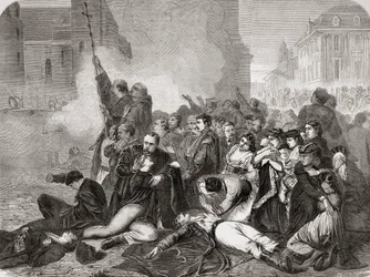 Das Massaker an Zivilisten auf dem Schlossplatz in Warschau am 8. April 1861 durch russische Infanterie und Kavallerie, aus "L