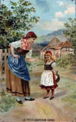 Die Mutter des Rotkäppchens warnt sie vor dem Wolf. Illustration des Märchens „Rotkäppchen“ von Charles Perrault (1628-1703)
