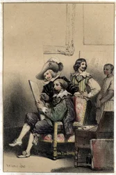 Der Maler Diego Velázquez (1599-1660) empfängt in seinem Atelier Pierre Paul Rubens (1577-1640). Platte aus "Szenen aus dem Leben berühmter Männer", Gravur in zwei Farben von Valerio. 1843