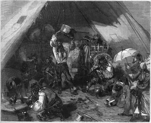 Die Bevölkerung von Paris beobachtet die Arbeit der Bohemien-Kesselschmiede, deren Zelte in den Batignolles aufgestellt sind