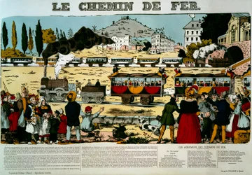 Die Eisenbahn (Reisende in Eisenbahnwagen, begrüßt von der Zuschauermenge)