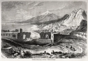 Die Ruinen des antiken Theaters von Taormina (Tauromenium), am Fuße des Berges Taurus, mit Blick auf das moderne Dorf Giardini und den Ätna, Zeichnung von Adolphe Rouargue (1810-187?) und Emile Rouargue (ca. 1795-1865) zur Illustration von Felix Bourquelot