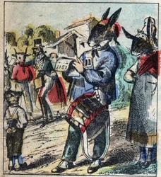 Der kranke Löwe und der Fuchs. Fabeln von Jean de La Fontaine (1621-95). Epinal-Bild vom Ende des 19. Jahrhunderts