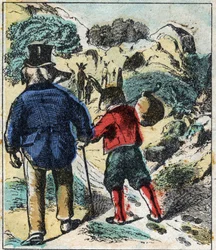 Der kranke Löwe und der Fuchs. Fabeln von Jean de La Fontaine (1621-95). Epinal-Bildgebung Ende des 19. Jahrhunderts.