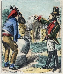 Der kranke Löwe und der Fuchs. Fabeln von Jean de La Fontaine (1621-95). Epinal-Bildgebung Ende des 19. Jahrhunderts.