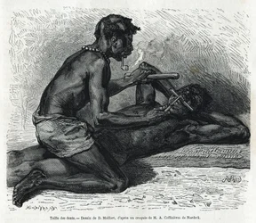 Das Zähnefeilen in Okanda, Zeichnung von D. Maillard, zur Illustration der Geschichte einer Reise nach Gabun und zum Ogoue-Fluss in den Jahren 1875-1877, von Alfred Marche. Gravur in Le tour du monde