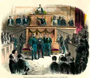 Die Vereidigung von Louis Napoleon III (Louis-Napoleon), der offiziell zum Präsidenten der Republik erklärt wurde, in der Nationalversammlung am 20. Dezember 1848. Er schwört „der einen und unteilbaren demokratischen Republik treu zu bleiben und alle