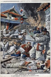 Die Unruhen in Korea, die japanische Wache kämpft mit den Aufständischen in Seoul, unzufrieden mit der Abdankung von Yi-Yeung - „Le Petit Journal“ vom 4. August