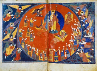Die Vision des Heiligen Johannes Miniatur aus den Kommentaren zur „Apokalypse nach Johannes“ geschrieben 775 von dem Mönch Beatus von Liebana
