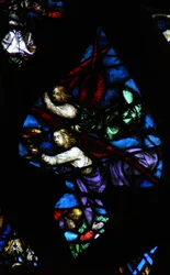 Das Westrosenfenster zeigt eine Szene aus dem Buch der Offenbarung: Zwei Engel, einer kündigt den Fall Babylons an, der andere trägt den Wein des Zorns Gottes (14:8-11).