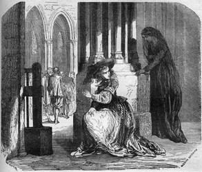 Die junge Madeleine de la Palude (Madeleine de Demandols) im 17. Jahrhundert, besessen von einem Dämon, zog die Religiösen nur durch die Schönheit ihrer Augen an. Sie wurde im Ursulinenkloster eingesperrt. Gravur in „Die Geschichte der Prostitution und de