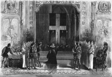 Theateraufführung: Szene der Särge in „Lucrece Borgia“ von Victor Hugo (1802-1885). Paris, Théâtre de la Porte Saint-Martin