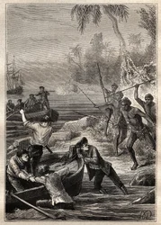 Diese waren so nah...: Kapitän James Cooks Reise (1728-1779) nach Neuseeland im Jahr 1769 - die Eingeborenen von Neuseeland greifen Cooks Mannschaft bei ihrer Annäherung an die Küste an - Illustration aus „Die großen Seefahrer des 18. Jahrhunderts“