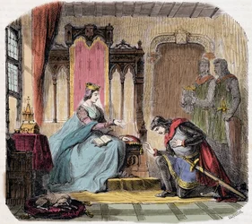 Thibault IV. von Champagne (1201-1253) (auch bekannt als Thibault I. von Navarra), kam zu Füßen der Königin Blanche von Kastilien, um sie vor der Gefahr zu warnen, der sie ausgesetzt war - in „Paris a travers les siècles“ von de Genouillac