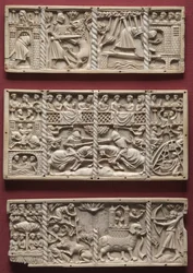 Drei Tafeln von einem Kästchen mit Szenen aus höfischen Romanzen, um 1330-1350