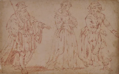 Drei Theaterfiguren: König Lear, Cordelia und Magd