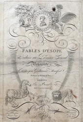 Titelseite von „Fabeln von Äsop“. (Griechischer Schriftsteller Äsop, 6. Jahrhundert v. Chr.) Gewidmet dem ersten Konsul Bonaparte, geschrieben von Guillaume Montfort und graviert von Beauble im Jahr 1801.