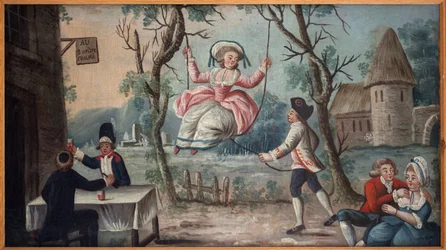 An die drei vereinigten Stände. Der Klerus, der Adel und der Dritte Stand (Dritter Stand) vereint in einer Schenke. Eine junge Frau schwingt sie. Gemaltes Schild eines Kokardenhändlers, soll aus dem Palais-Royal stammen, anonymes Gemälde aus der
