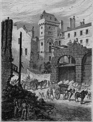 Tour Jean Sans Peur, letztes Überbleibsel des Hôtel de Bourgogne, während des Durchbruchs der Rue Etienne Marcel, Paris. Gravur