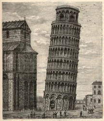 Turm von Pisa - Torre di Pisa - Tour de Pisa - Gravur in „Wissenschaften für alle - Populäre Physik und Chemie“ von Alexis Clerc - Ende 19. Jahrhundert - Private Sammlung