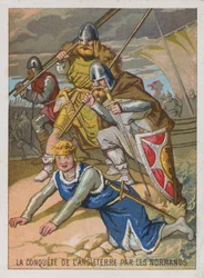 Werbekarte mit einem Bild der Eroberung Englands durch die Normannen