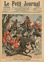 Tragische Wildschweinjagd: Das Pferd von Carlos I., König von Portugal, wird unter ihm getötet, Titelblattillustration aus „Le Petit Journal“, illustrierte Beilage, 23. Dezember 1906