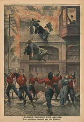 Tragisches Feuer in einer Werkstatt in Newark, New Jersey, Illustration aus 