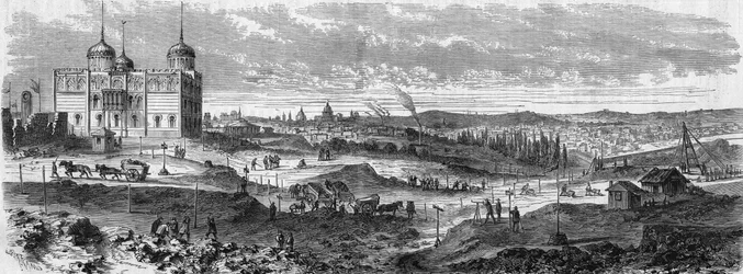 Transformationen von Paris unter dem Zweiten Kaiserreich, Haussmanns Paris: Blick auf die Arbeiten im Parc Montsouris und den Wiederaufbau des Palais du Bardo (Observatorium von Montsouris).