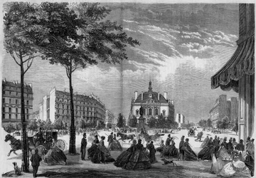 Transformationen von Paris unter dem Zweiten Kaiserreich, Paris Haussmann: das neue Rathaus des XI. Arrondissements in Paris. (Man sieht den Boulevard Voltaire und die Avenue Parmentier). Gravur von 1865.