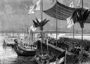 Überführung der Asche von Luis Vaz de Camoes und Vasco de Gama, Portugal, 9. Juni 1880: Ankunft der Überreste des Dichters Luis Vaz de Camoes und des Navigators Vasco de Gama im Hafen von Belem. Gravur in Le Monde Illustré
