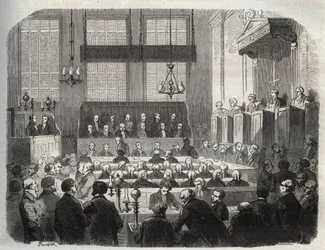 Prozess gegen William Palmer am Central Criminal Court im Mai 1856 wegen Vergiftung von John Parsons Cook in Rugeley - Gravur in „Causes celebres de tous peuples“ von Armand Fouquier