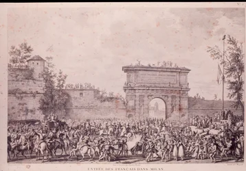 Triumphaler Einzug der französischen Truppen unter Napoleon Bonaparte in Mailand, 15. Mai